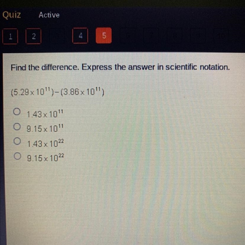 Find the difference. Express the answer in scientific notation. (5.29x 10^11)-(3.86 x-example-1