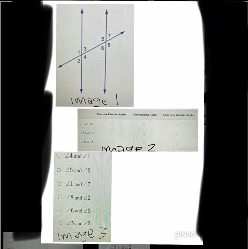 Information: The diagram shows to parallel lines cut by a transversal (see image 1 for-example-1