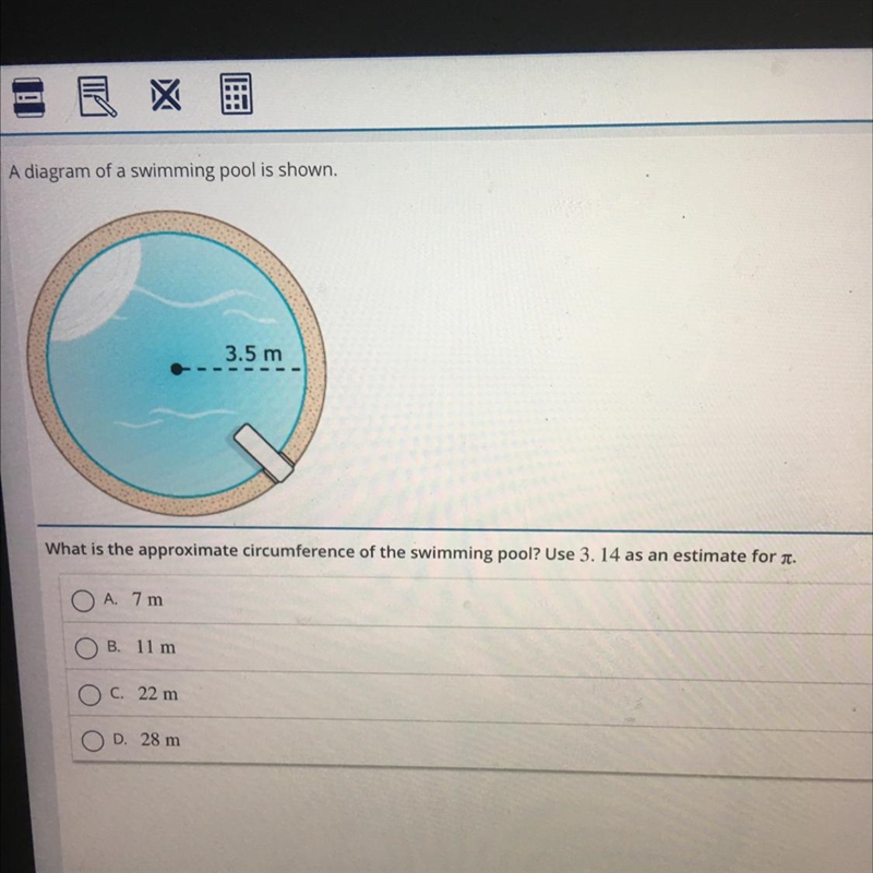 3.5 m What is the approximate circumference of the swimming pool? Use 3. 14 as an-example-1