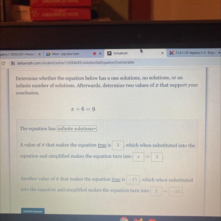 Determine whether the equation below has a one solutions, no solutions, or an infinite-example-1