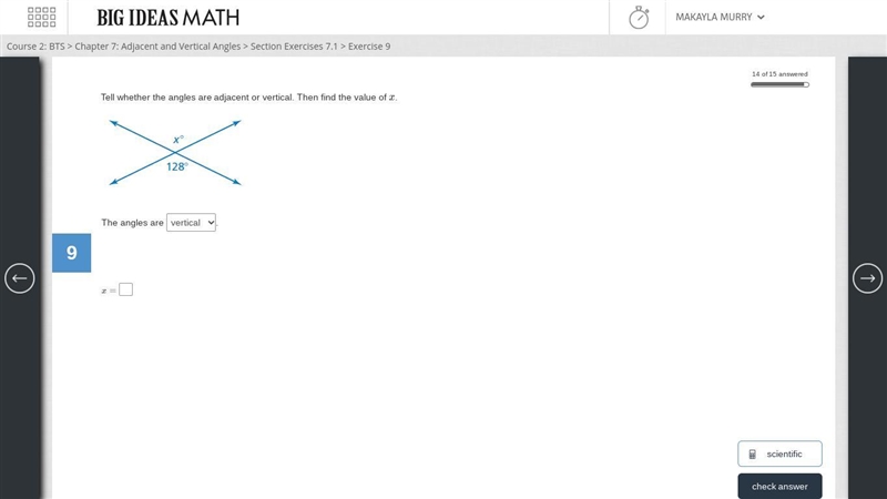 Tell whether the angles are adjacent or vertical. Then find the value of x.-example-1