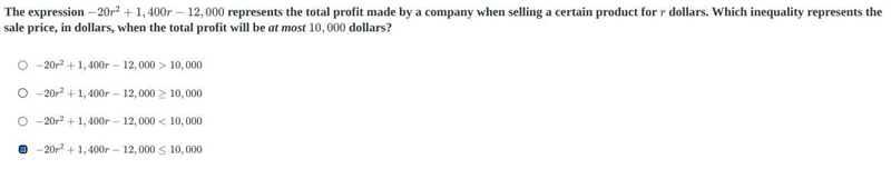 The expression − 20 r 2 + 1 , 400 r − 12 , 000 represents the total profit made by-example-1