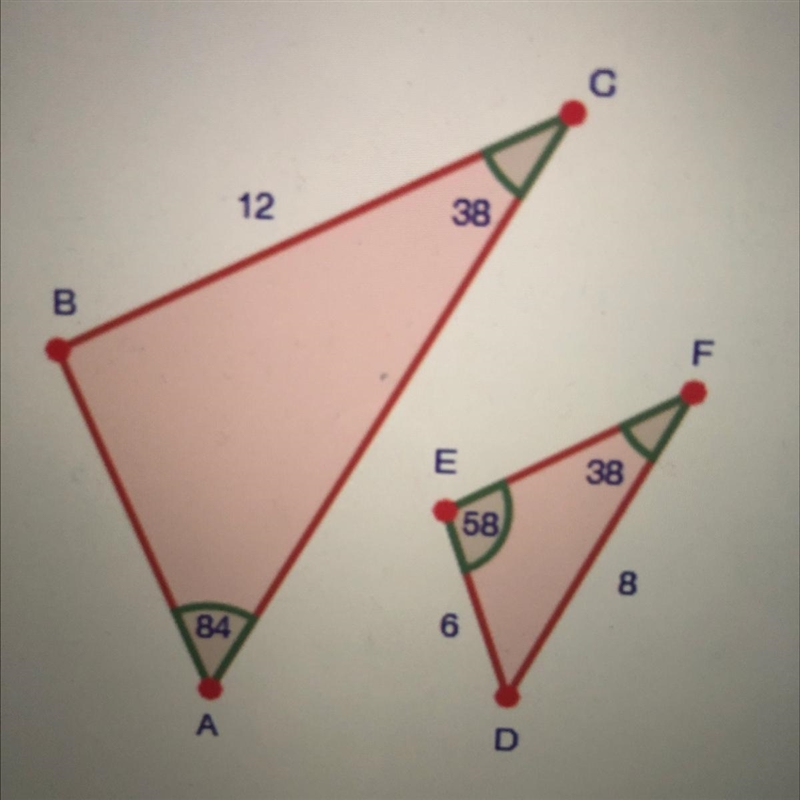 20 21 Are the two triangles below similar? (1 point) С 23 24 12 38 26 27 B F ✓ E 38 29 30 58) 8 B-example-1