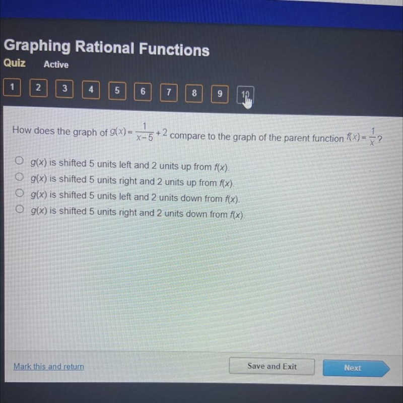 How does the graph of g(x)=1/x-5. +2 compare to the graph of the parent function f-example-1