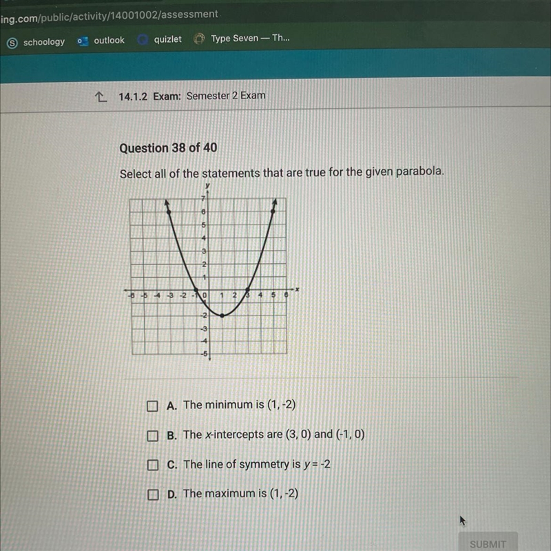 Select all of the statements that are true for the given parabola.-example-1