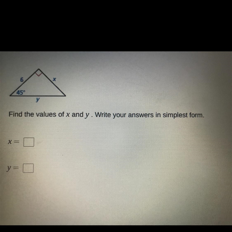 Find the values of x and y. Write your answers in simplest form-example-1