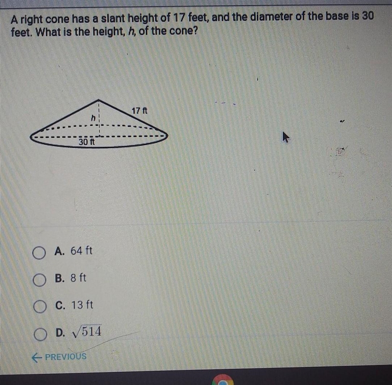 A right cone has a slant height of 17 feet, and the diameter of the base is 30 feet-example-1