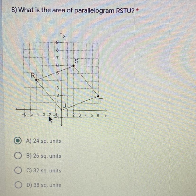 8) What is the area of parallelogram RSTU? * A) 24 sq. units B) 26 sq. units C) 32 sq-example-1