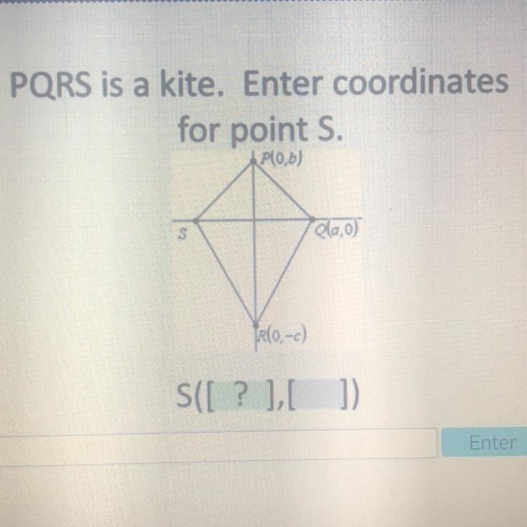 Please help! PQRS is a kite. Enter coordinates for point S. P(0, b) S Q(a, 0) R(0, -c-example-1