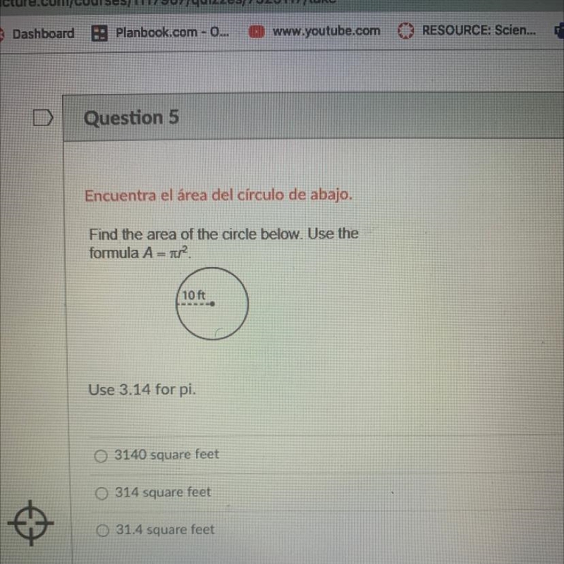 Find the area of the circle below. Use the formula Use 3.14 for pi.-example-1