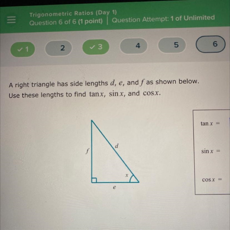 A right triangle has side lengths d, e, and f as shown below. Use these lengths to-example-1