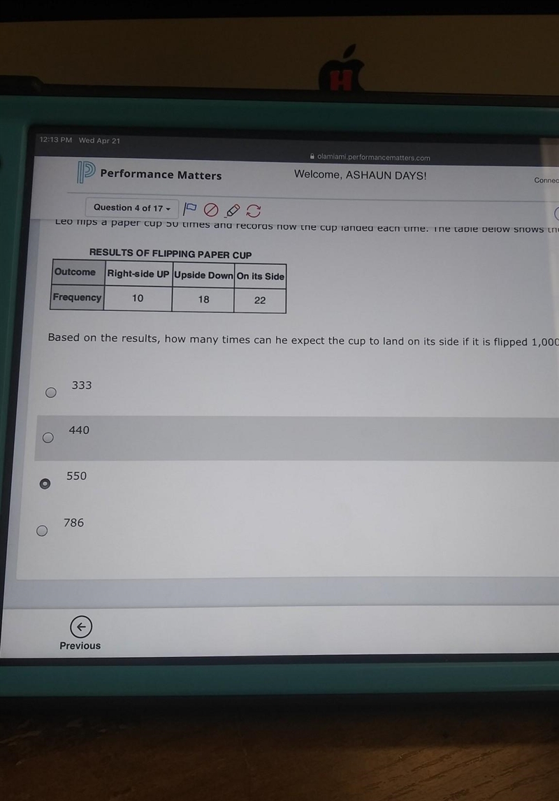 Leo flips a paper cup 50 times and records how the cup landed each time. The table-example-1