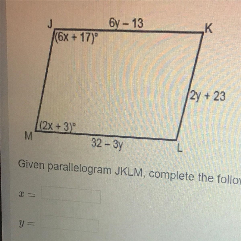 Given parallelogram JKLM, find x and y.-example-1