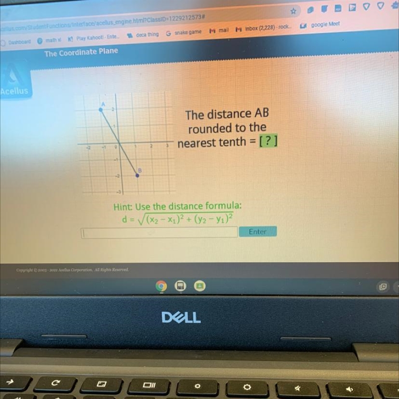 A 2 The distance AB rounded to the nearest tenth = [?] -1 0 2 2 - Hint: Use the distance-example-1