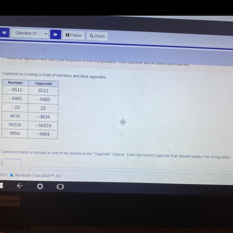 Cameron is creating a chart of numbers and their opposites Number Opposite -6511 6511 -8465 -8465 -22 22 4616 -4616 56218 -56218 9904 -9904 Cameron-example-1