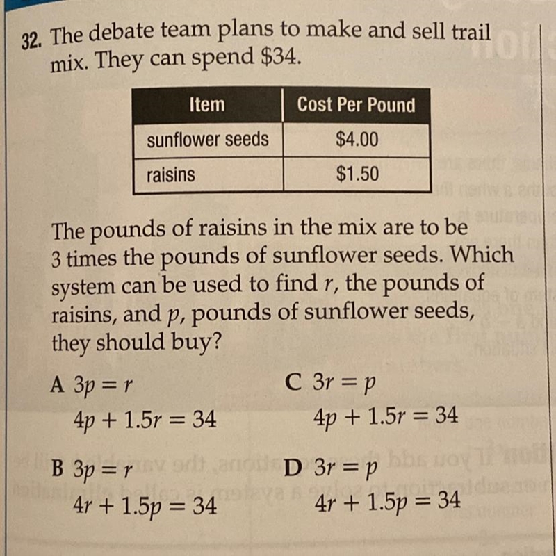 32. The debate team plans to make and sell trail mix. They can spend $34. Item Cost-example-1