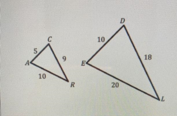 Is Triangle CAR ~ Triangle DEL? if so which postulate or theorem makes them similar-example-1