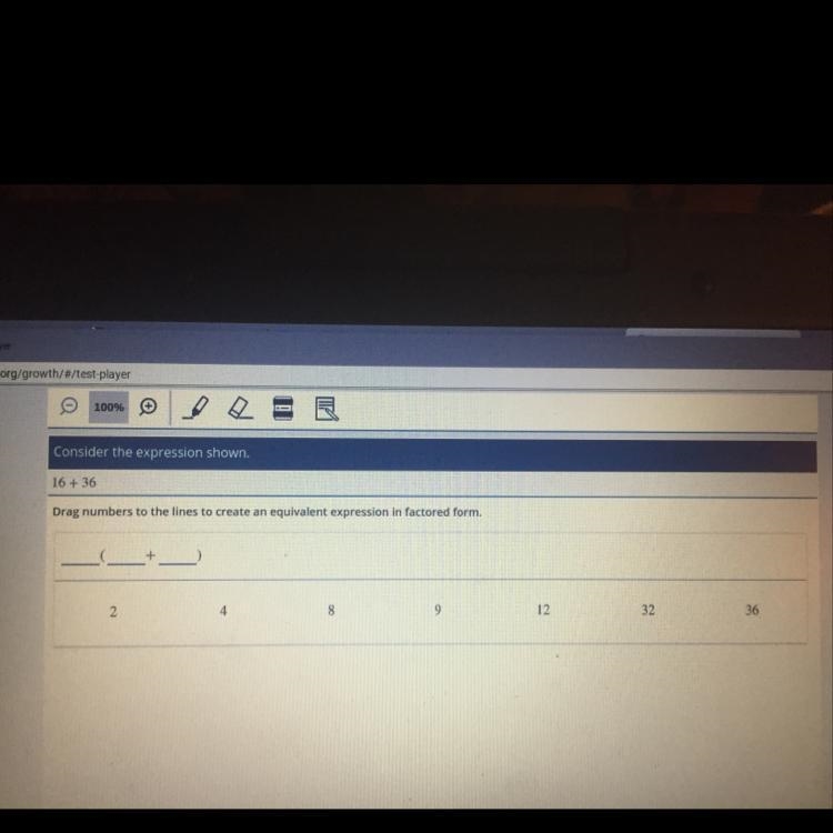 16 + 36 drag numbers to the lines to create an equivalent expression in factored form-example-1