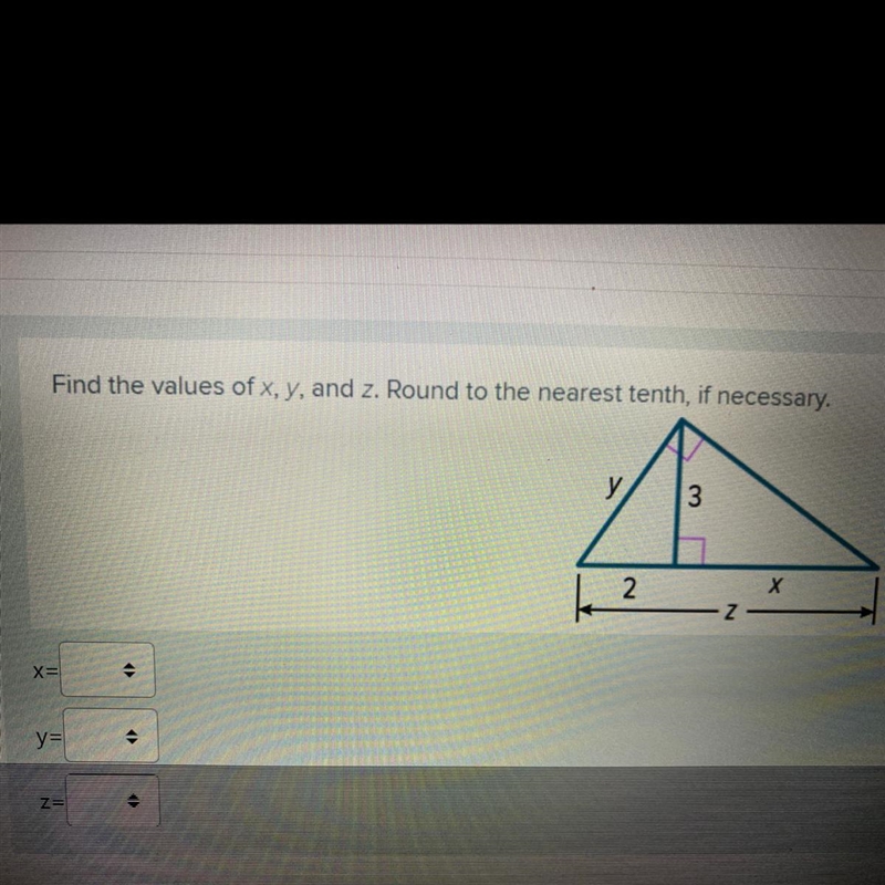 Find the values of x, y, and z. Round to the nearest tenth, if necessary. (choices-example-1