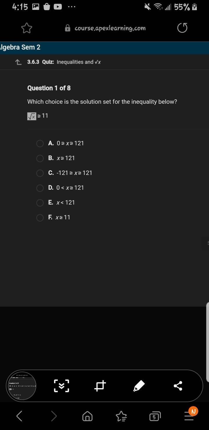 Which choice is the solution set for the inequality below , sqrt of x > 11 , I-example-1