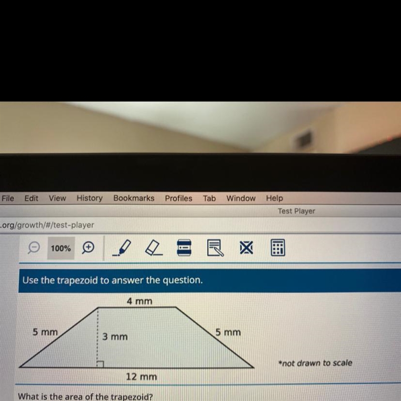 4 mm 5 mm 5 mm 3 mm *not drawn to scale 12 mm What is the area of the trapezoid?-example-1