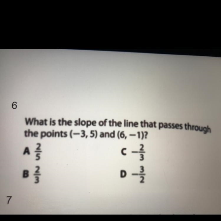 What is the slope of the line that passes through the points (-3,5) and (6,-1)?-example-1