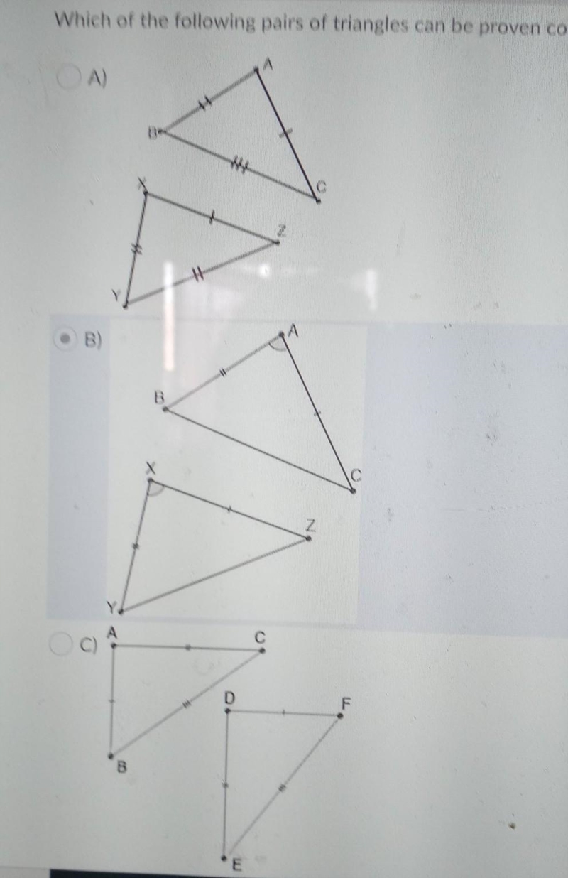 Which of the following pair of triangles can be proven congruent through SSS​-example-1