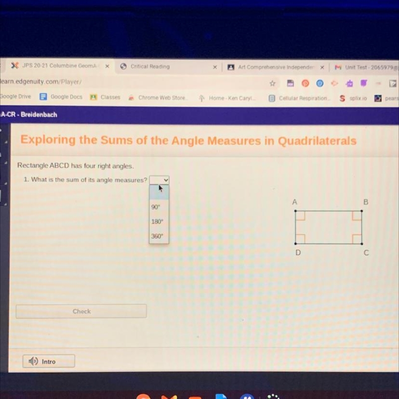 1. What is the sum of its angle measures? 90° 180° 360°-example-1