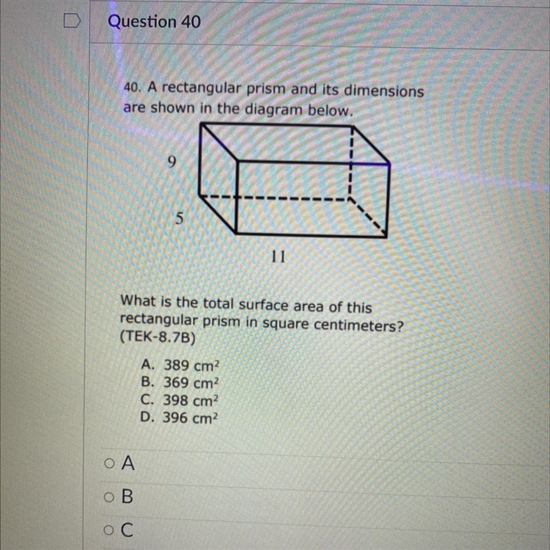 A rectangular prism and its dimensions are shown in the diagram below What is the-example-1