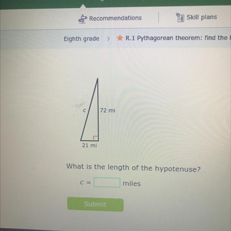 72 mi 21 mi What is the length of the hypotenuse?-example-1