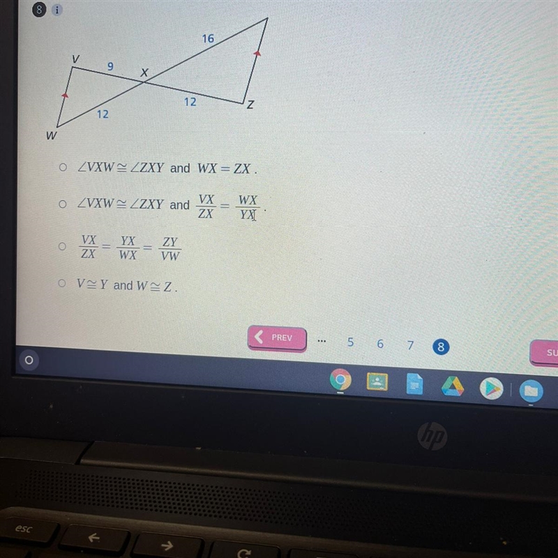 Which of the following can you use to justify the statement triangle VWX~ triangle-example-1