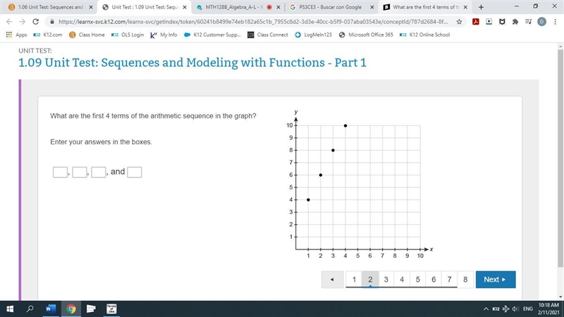 What are the first 4 terms of the arithmetic sequence in the graph? Enter your answers-example-1