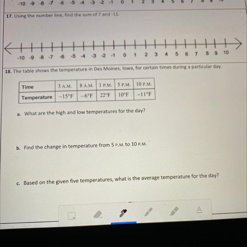 Number 17 please! Using the number line, find the sum of 7 and -11.-example-1