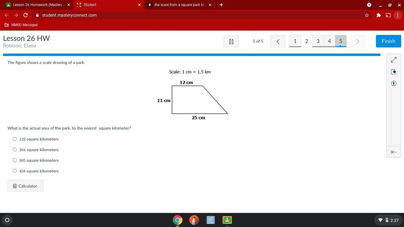 The figure shows a scale drawing of a park. What is the actual area of the park, to-example-1