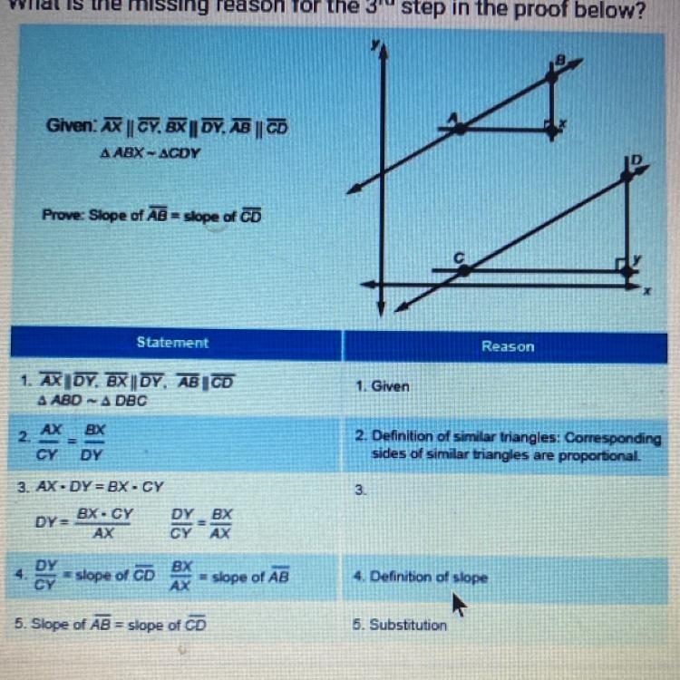 What is the missing reason for the 3rd step in the proof below? A.)definition of similar-example-1