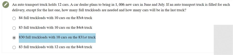 An auto transport truck holds 12 cars. A car dealer plans to bring in 1,006 new cars-example-1