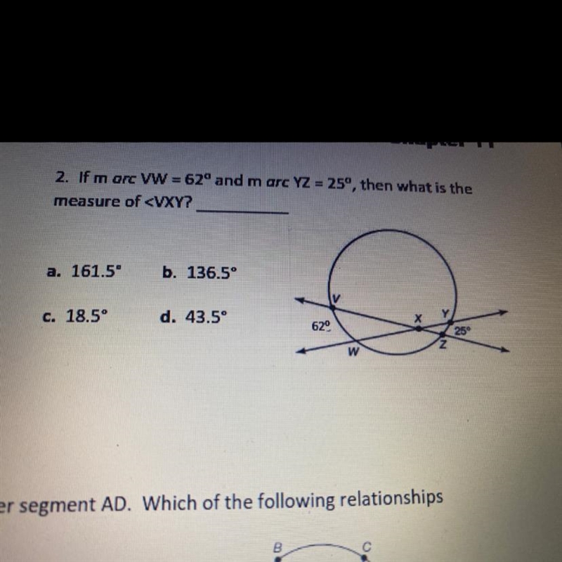 2. If m arc VW - 62" and marc YZ -25°, then what is the measure of-example-1