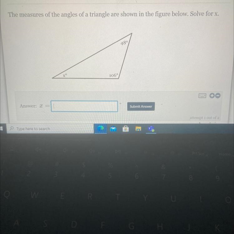 The measures of the angles of a triangle are shown in the figure below. Solve for-example-1