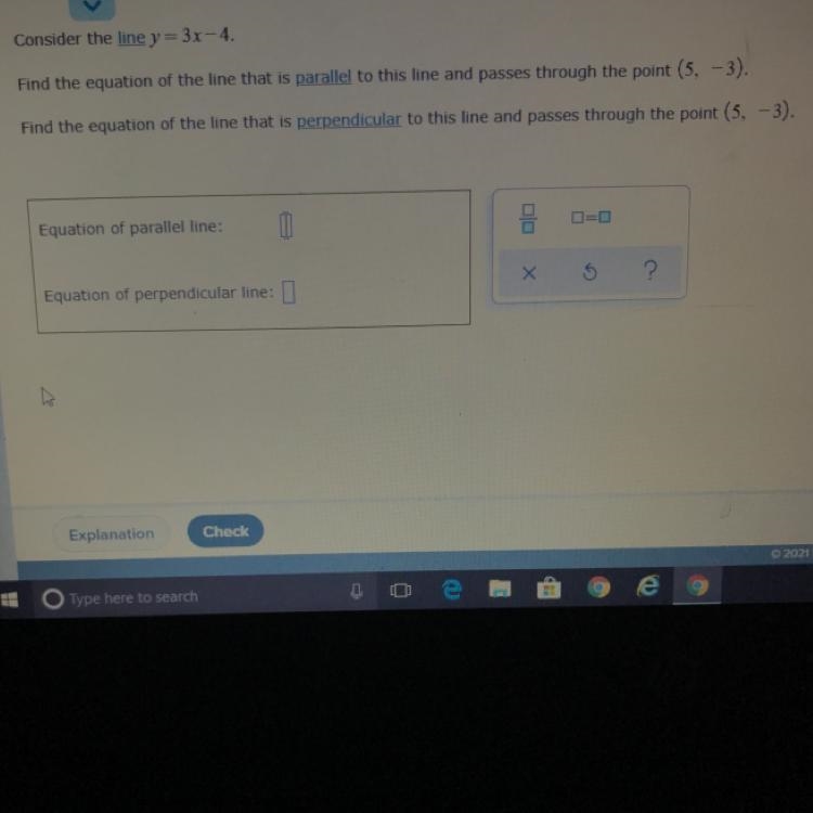 Find the equation of parallel line and perpendicular line .-example-1