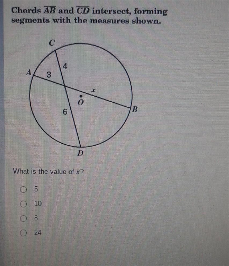 HELP!!!!!!!! 5. chords AB and CD intersect, forming segments with the measurements-example-1