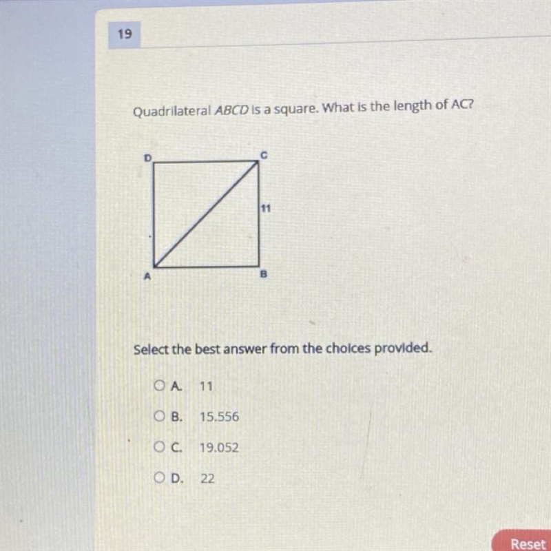 Quadrilateral ABCD is a square. What is the length of AC? Select the best answer from-example-1