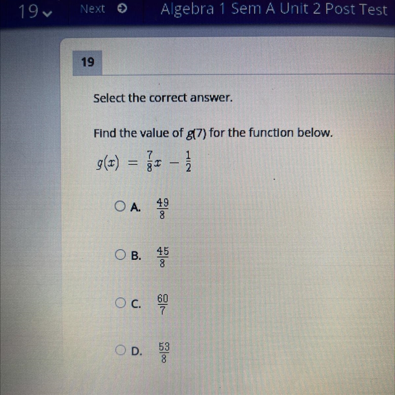 Select the correct answer. Find the value of g(7) for the function below. g(x) = zur-example-1