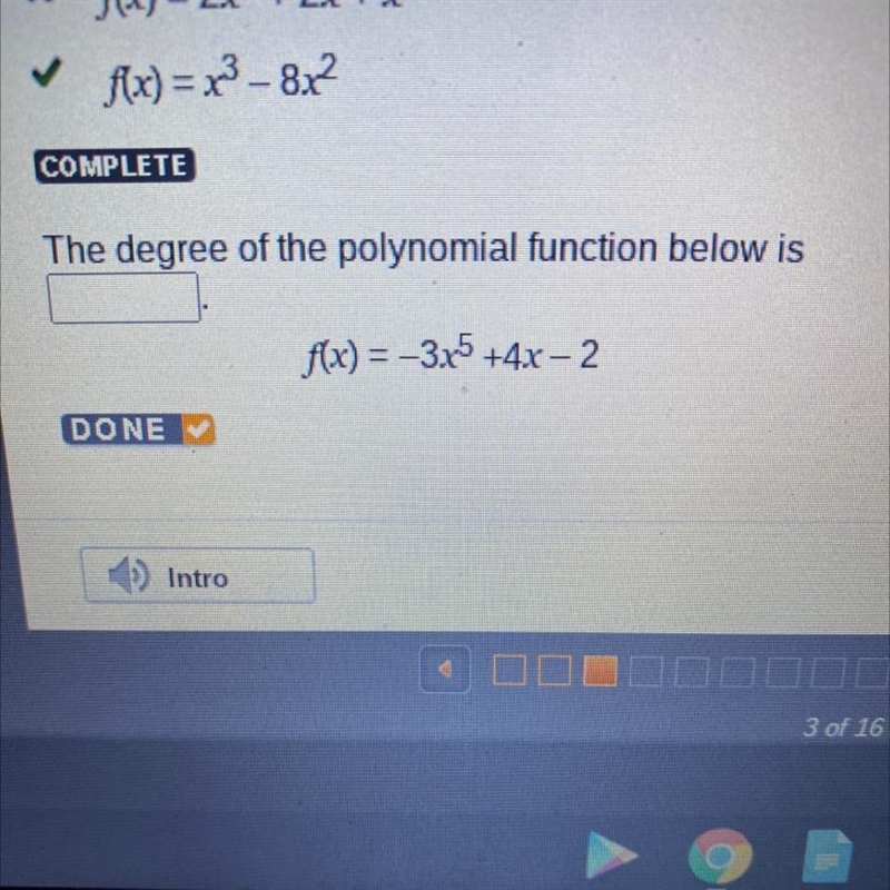 The degree of the polynomial function below is ____ f(x)=-3x^5+4x-2-example-1