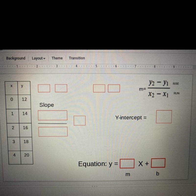 I need to know the all the blanks including the equation on the bottom and y intercept-example-1