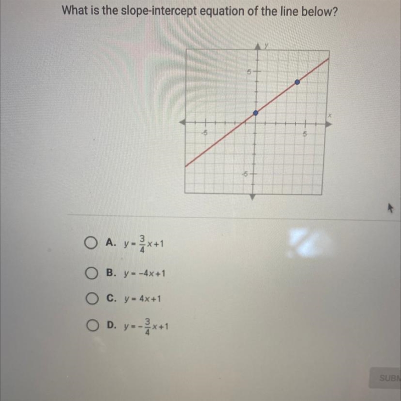 What is the slope-intercept equation of the line below? O A. y = 2 x + 1 O B. y --4x-example-1