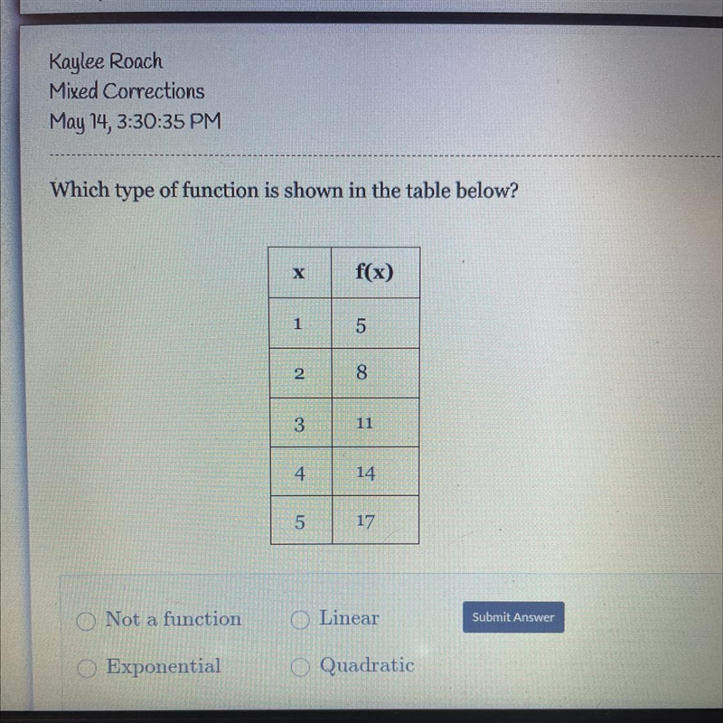 Which type of function is shown in the table below?-example-1