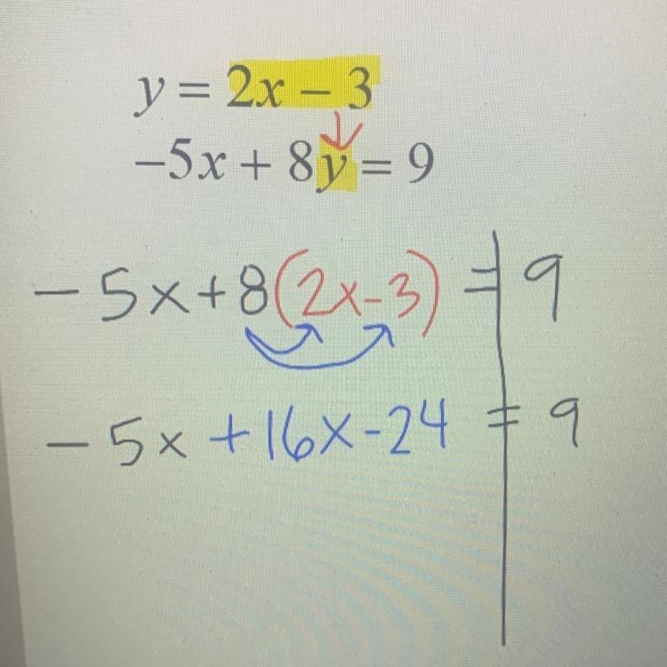 What is the next step in solving this equation a. -5x-8=9 b. -13x=9 c. 11x-24=9 d-example-1