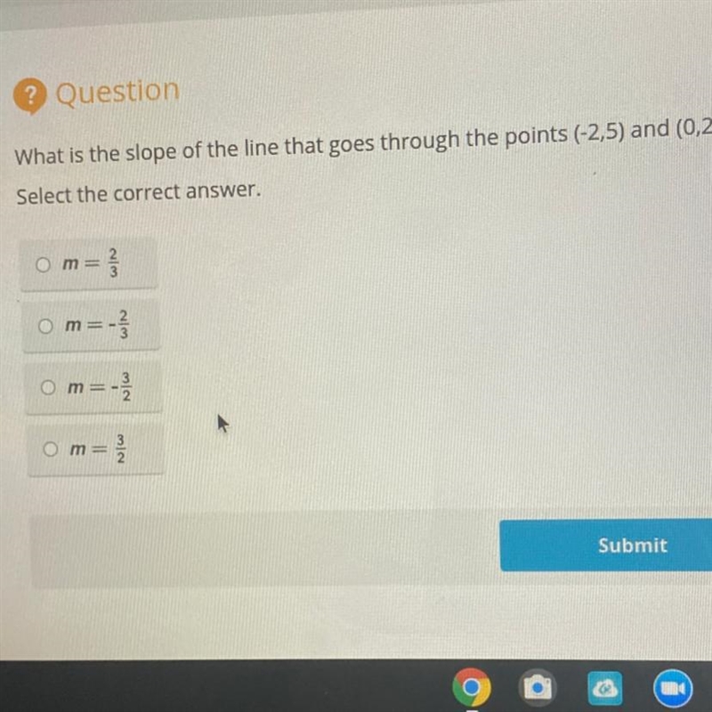 What is the slope of the line that goes through the points (-2, 5) and (0, 2)? Select-example-1