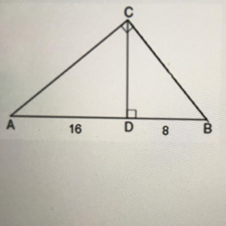 What is the lenght of CD in triangle ABC? A. 8V2 B. 2V8 C. 2V3 D. 64V2-example-1