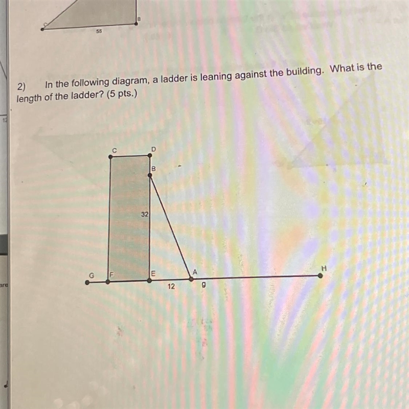 2) In the following diagram, a ladder is leaning against the building. What is the-example-1